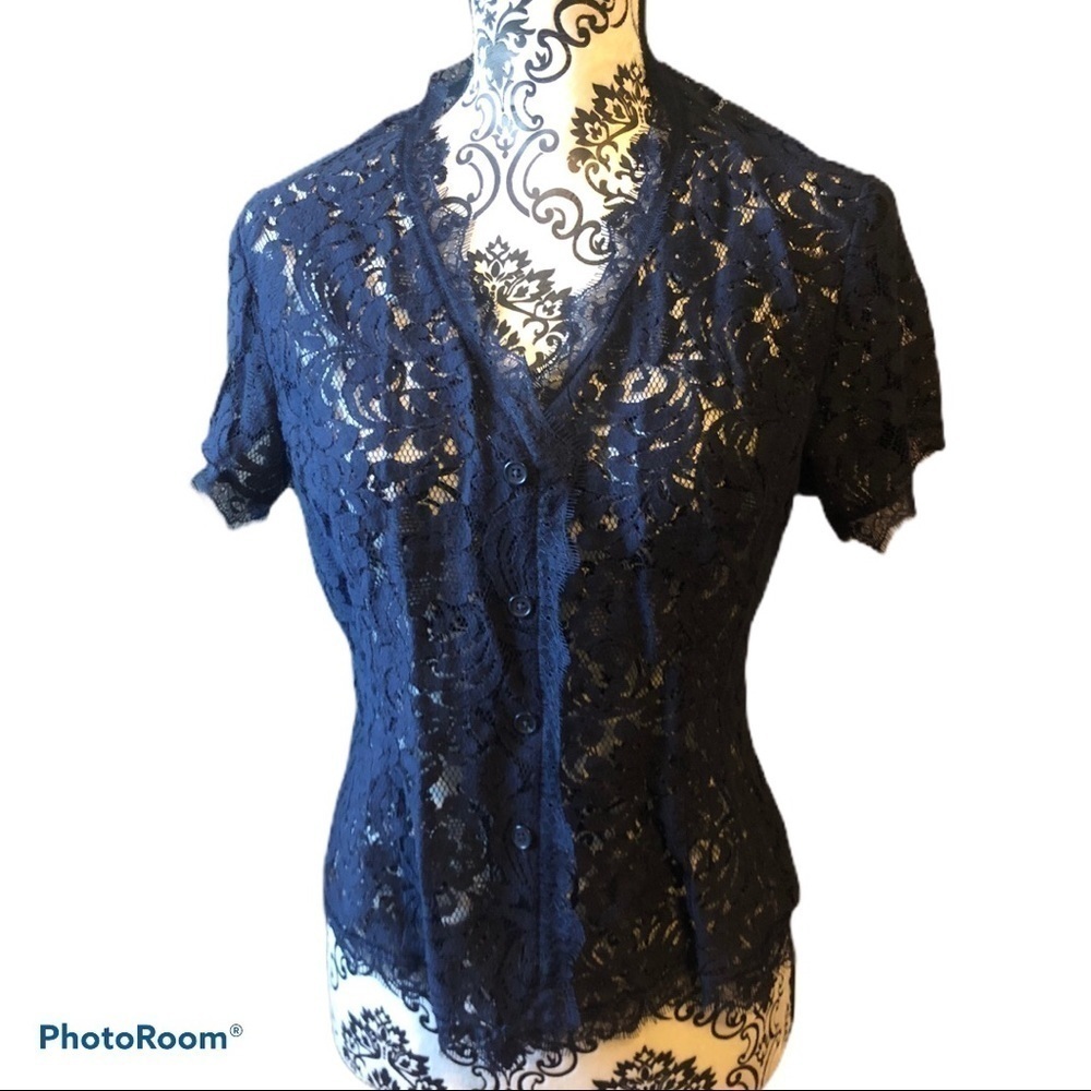 Cabi London calling blue lace eyelash top.